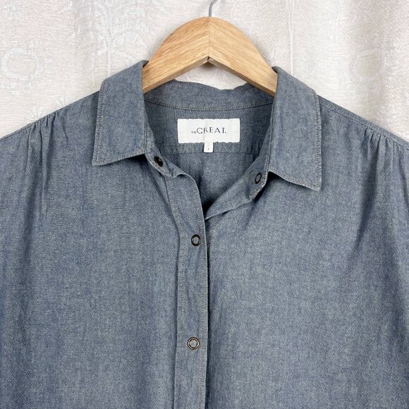 THE GREAT. chambray denim snap front blouse short roll cuff sleeves tie front - Picture 2 of 6